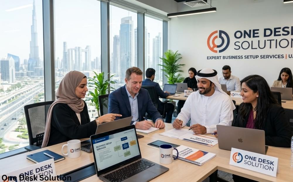 One Desk Solution, expert business set up services team working in the office, UAE