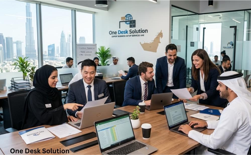 One Desk Solution, expert Business setup services team working in the office, UAE