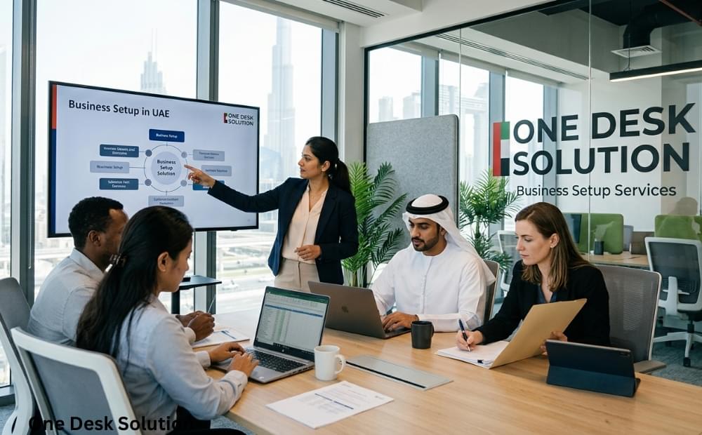 One Desk Solution, Business setup services team working in the office, UAE