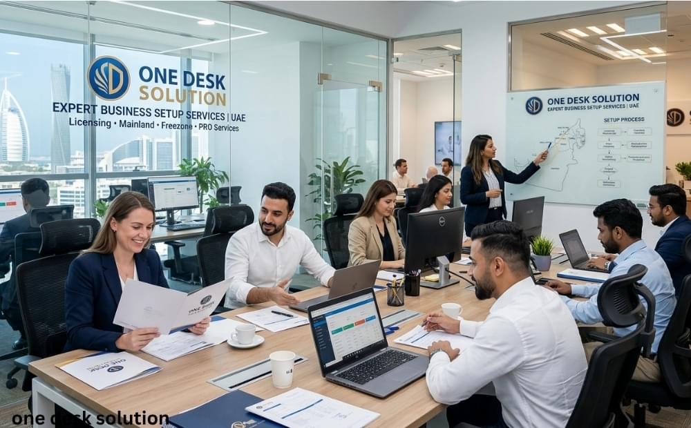 One Desk Solution, expert Business Set up services team working in the office, UAE