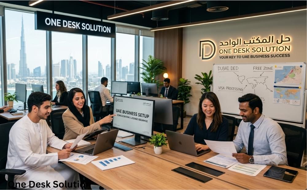 One Desk Solution, business setup services team working in the office, UAE