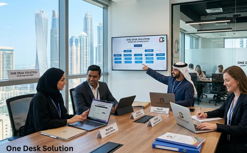 One Desk Solution, expert business set up Services team working in the office, UAE