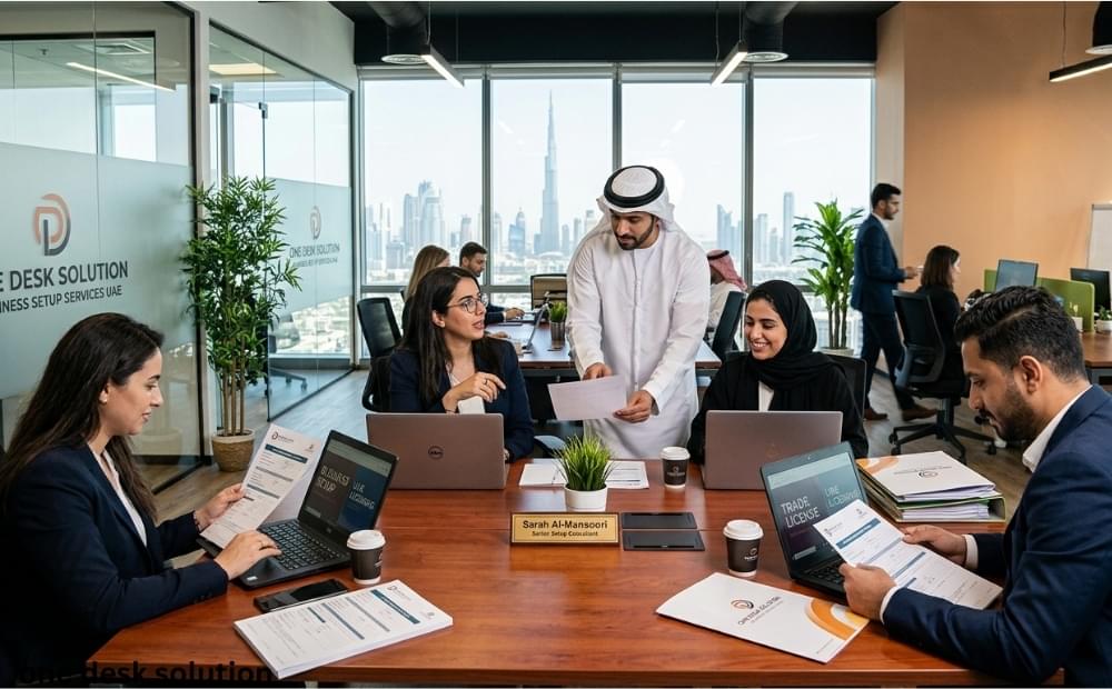 One Desk Solution, Business Set up services team working in the office, UAE