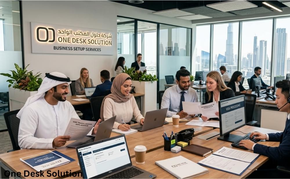 One Desk Solution, business set up Services team working in the office, UAE