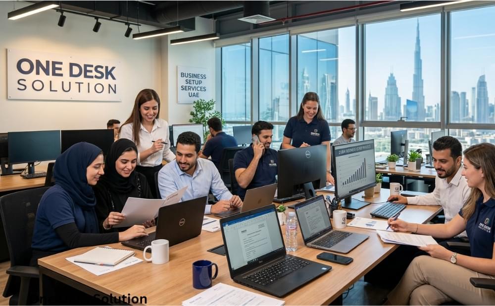 One Desk Solution, business set up services team working in the office, UAE