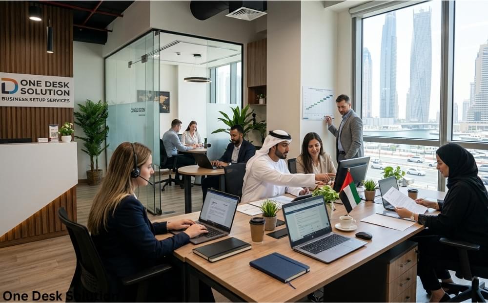 One Desk Solution, business set up services team working in the office, UAE