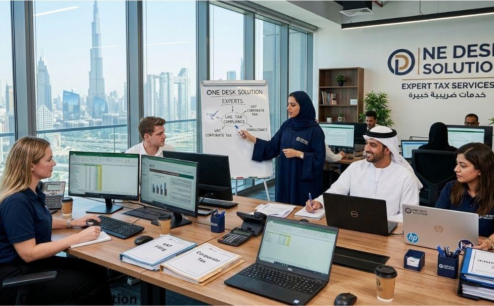 One Desk Solution, expert Tax services team working in the office, UAE