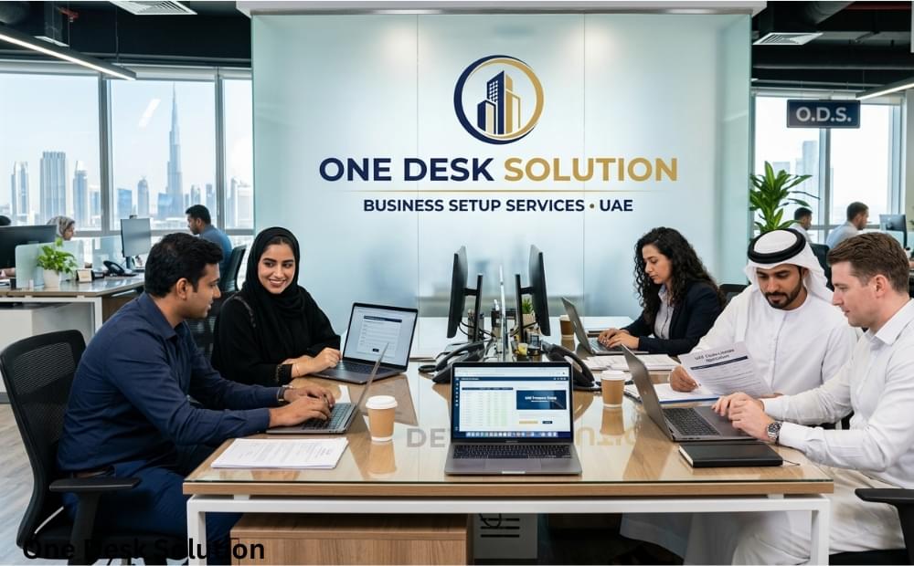 One Desk Solution, Business set up services team working in the office, UAE