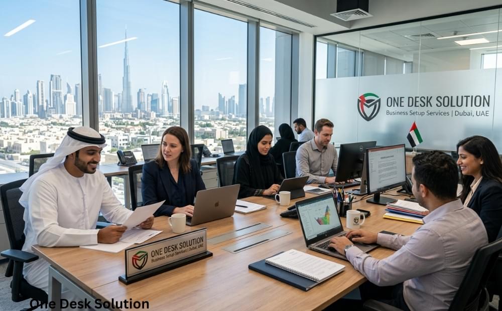 One Desk Solution, business set up services team working in the office, UAE